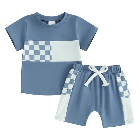 Jxzom Toddler Baby Boy Summer Outfits Checkerboard Print Short Sleeve T-Shirt and Elastic Shorts 6M 12M 18M 2T 3T Clothes Set