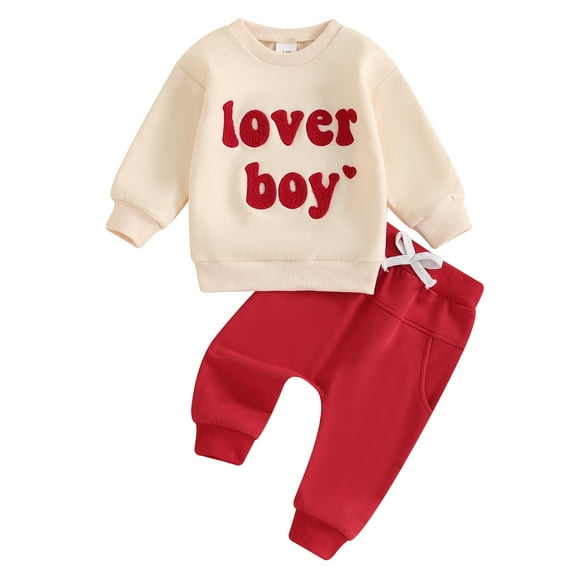 Jxzom Toddler Baby Boy Valentine's Day Outfit Lover Boy Embroidery Letter Sweatshirt Pullover Tops Jogger Pants Spring Clothes Set