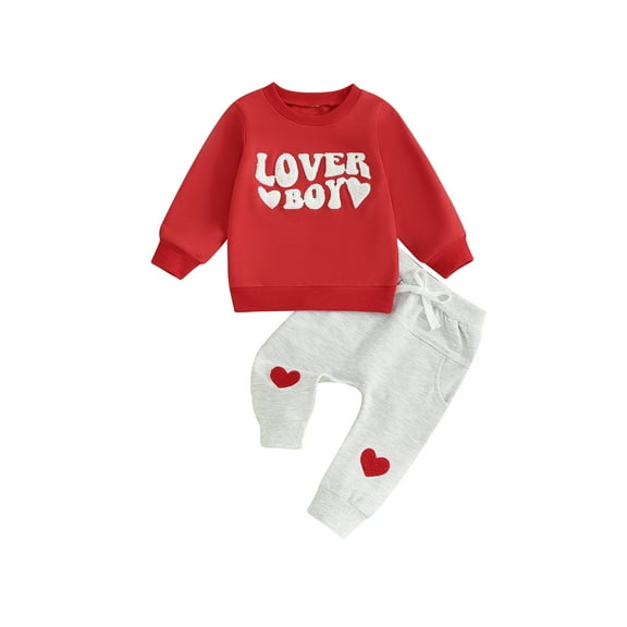 Jxzom Toddler Baby Boy Valentine's Day Outfit Lover Boy Embroidery Letter Sweatshirt Pullover Tops Jogger Pants Spring Clothes Set
