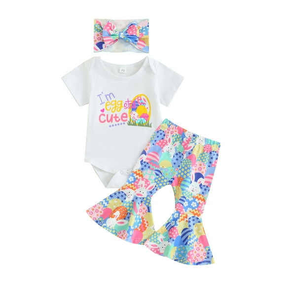 Jxzom Toddler Baby Boys Girls Easter Outfits 3 6 9 12 18 24 Months Buuny Eggs Print Romper Flare Pants Headband Summer Clothes Set