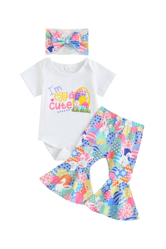 Toddler Baby Boys Girls Easter Outfits 3 6 9 12 18 24 Months Buuny Eggs Print Romper Flare Pants Headband Summer Clothes Set