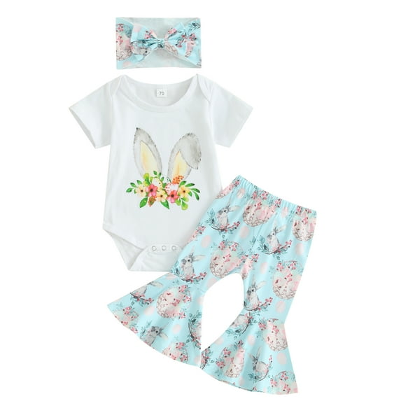 Jxzom Toddler Baby Boys Girls Easter Outfits 3 6 9 12 18 24 Months Buuny Eggs Print Romper Flare Pants Headband Summer Clothes Set