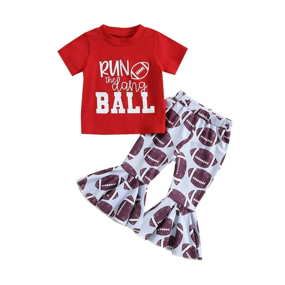 Jxzom Toddler Baby Girl Baseball Outfit Short Sleeve Football Print T-Shirt Flared Pants 6 12 18 Months 2T 3T Summer Clothes Set