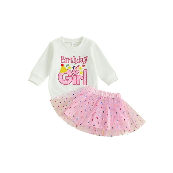 Jxzom Toddler Baby Girl Birthday Outfit 6 12 18 Months 2T 3T 4T 5T Letter Embroidery Long Sleeve T-Shirt Glitter Tulle Skirt 2Pcs Cute Birthday Clothes Set