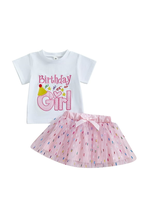Toddler Baby Girl Birthday Outfit 6 12 18 Months 2T 3T 4T 5T Letter Embroidery Short Sleeve T-Shirt Glitter Tulle Skirt 2Pcs Cute Birthday Clothes Set