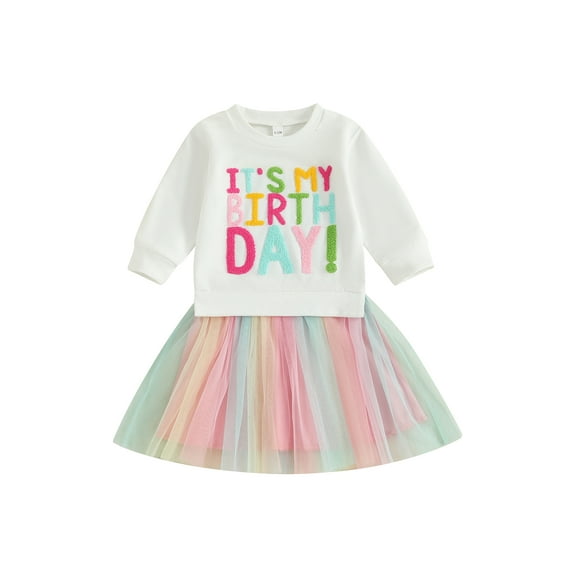 Jxzom Toddler Baby Girl Birthday Outfits 1-5 Years Birthday Girl Letter Embroidery Long Sleeve A Line Dress Cute Tutu Tulle Birthday Dress