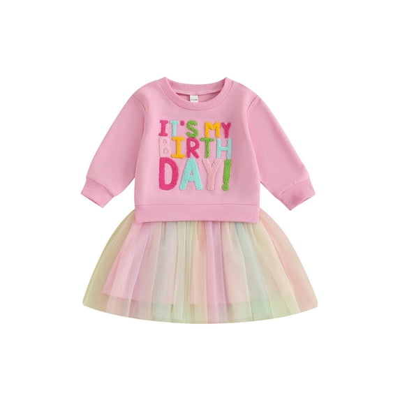 Jxzom Toddler Baby Girl Birthday Outfits 1-5 Years Birthday Girl Letter Embroidery Long Sleeve A Line Dress Cute Tutu Tulle Birthday Dress