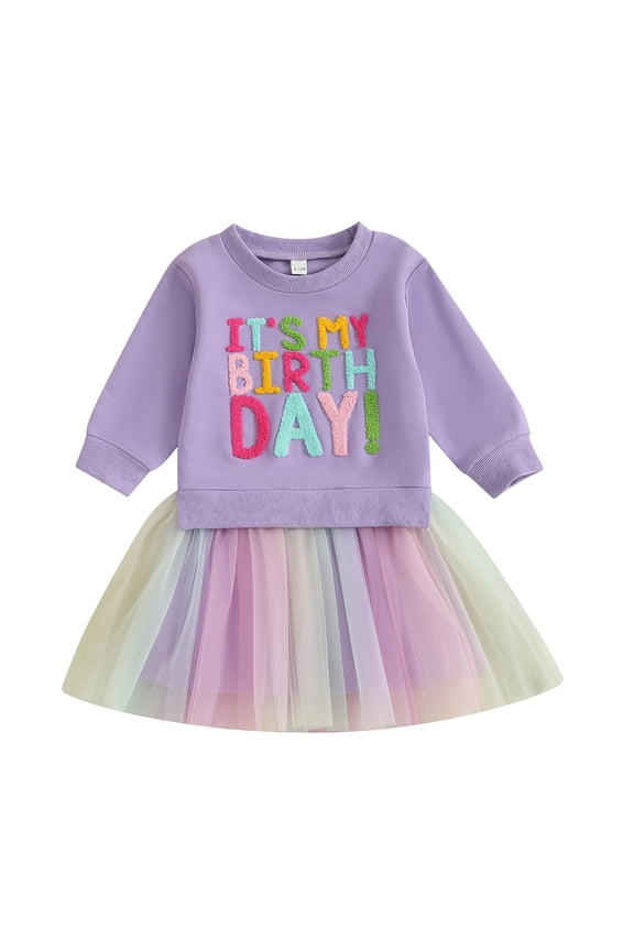 Toddler Baby Girl Birthday Outfits 1-5 Years Birthday Girl Letter Embroidery Long Sleeve A Line Dress Cute Tutu Tulle Birthday Dress