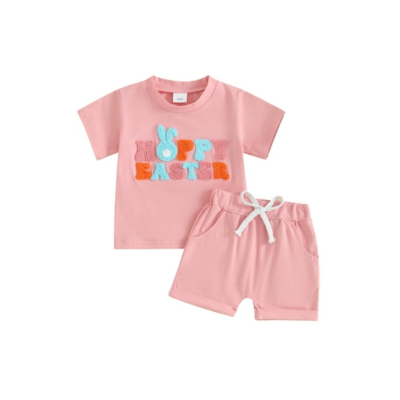Jxzom Toddler Baby Girl Easter Outfit 6M 12M 18M 2T 3T Fuzzy Letter Bunny Embroidery Short Sleeve Tops Solid Shorts Summer Clothes Set