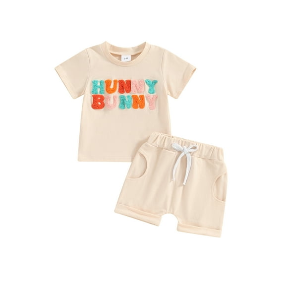 Jxzom Toddler Baby Girl Easter Outfit 6M 12M 18M 2T 3T Fuzzy Letter Embroidery Short Sleeve Tops Solid Shorts Summer Clothes Set