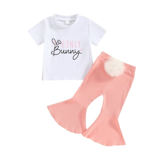 Jxzom Toddler Baby Girl Easter Outfit Short Sleeve Bunny T Shirt Top Flare Pants with Tail 6M 12M 18M 2T 3T 4T Summer Clothes Set