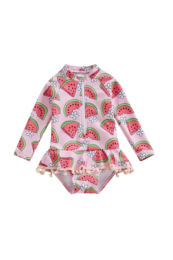 Toddler Baby Girl Rash Guard Swimsuit Rompers 1T 2T 3T 4T 5T 6T Floral Print Zipper Ruffle Tassel One Piece Bathing Suit Swimwear