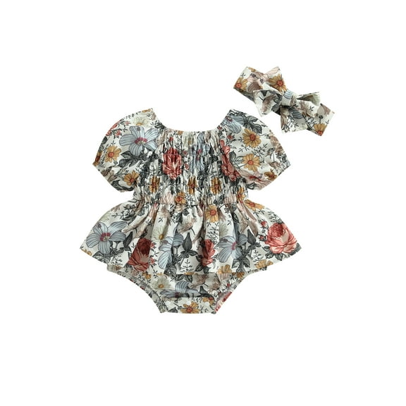 Jxzom Toddler Baby Girl Romper Dress 6 12 18 24 Months Floral Print Short Puff Sleeve Skirt Hem Bodysuits Summer Jumpsuits with Headband