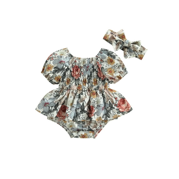 Jxzom Toddler Baby Girl Romper Dress 6 12 18 24 Months Floral Print Short Puff Sleeve Skirt Hem Bodysuits Summer Jumpsuits with Headband