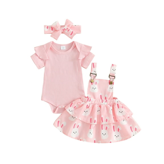 Jxzom Toddler Baby Girl Summer Clothes 3 6 12 18 24 Months Short Sleeve Ribbed Romper Floral Suspender Skirt Dress Headband Set