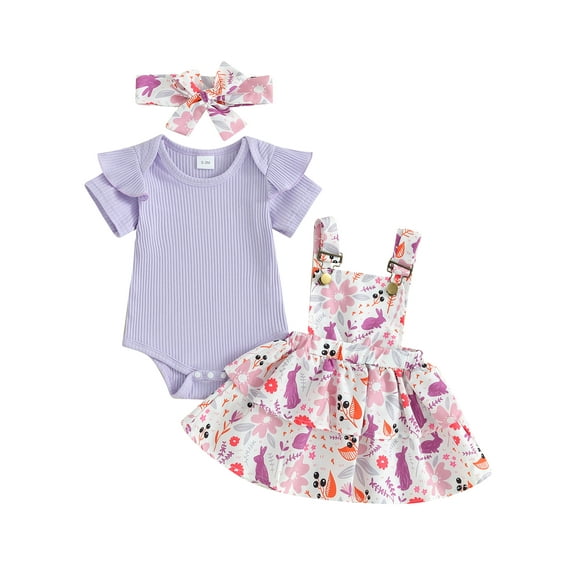 Jxzom Toddler Baby Girl Summer Clothes 3 6 12 18 24 Months Short Sleeve Ribbed Romper Floral Suspender Skirt Dress Headband Set