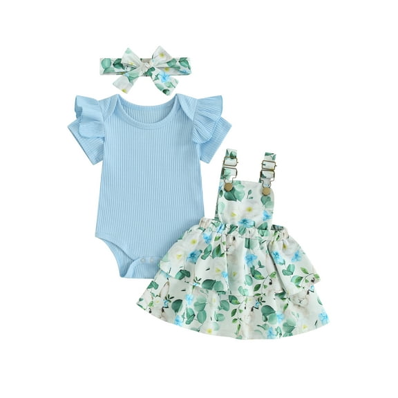 Jxzom Toddler Baby Girl Summer Clothes 3 6 12 18 24 Months Short Sleeve Ribbed Romper Floral Suspender Skirt Dress Headband Set