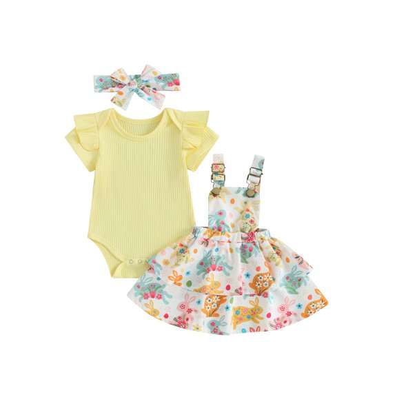 Jxzom Toddler Baby Girl Summer Clothes 3 6 12 18 24 Months Short Sleeve Ribbed Romper Floral Suspender Skirt Dress Headband Set