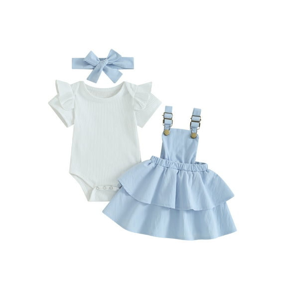 Jxzom Toddler Baby Girl Summer Clothes 3 6 12 18 24 Months Short Sleeve Romper Layered Suspender Dress Headband 3Pcs Outfits Set