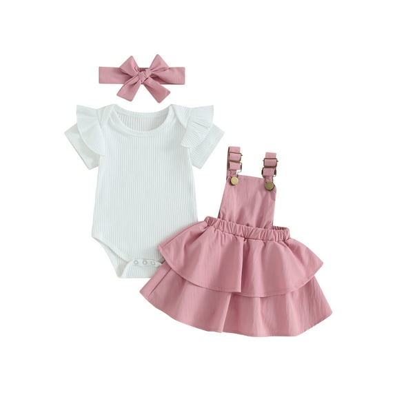 Jxzom Toddler Baby Girl Summer Clothes 3 6 12 18 24 Months Short Sleeve Romper Layered Suspender Dress Headband 3Pcs Outfits Set