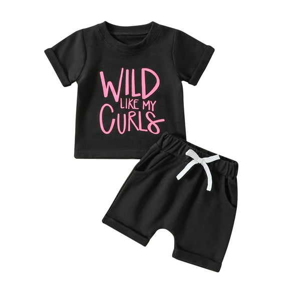 Jxzom Toddler Baby Girl Summer Clothes 6 12 18 24Months 2T 3T Wild Like My Curls Letter Print Short Sleeve T-shirt Solid Shorts Set