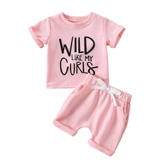 Jxzom Toddler Baby Girl Summer Clothes 6 12 18 24Months 2T 3T Wild Like My Curls Letter Print Short Sleeve T-shirt Solid Shorts Set