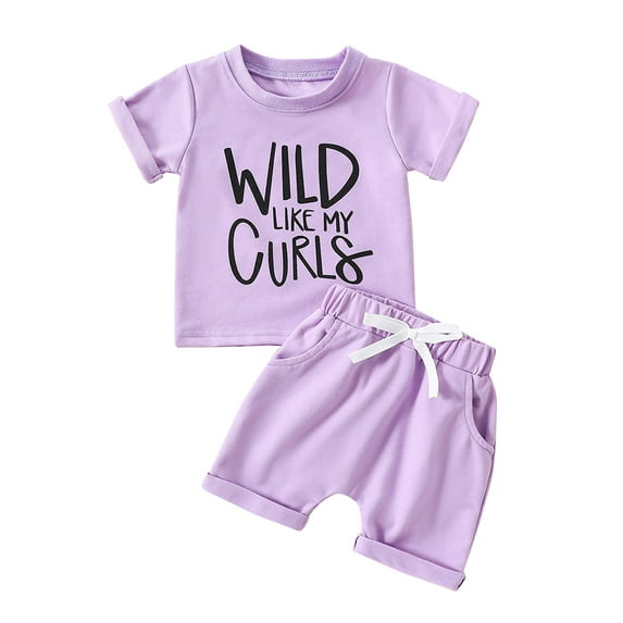 Jxzom Toddler Baby Girl Summer Clothes 6 12 18 24Months 2T 3T Wild Like My Curls Letter Print Short Sleeve T-shirt Solid Shorts Set