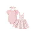 thumbnail image 1 of Jxzom Toddler Baby Girl Summer Outfits 3 6 12 18 24 Months Short Sleeve Romper + Daisy Suspender Skirt Dress + Headband Clothes Set, 1 of 8