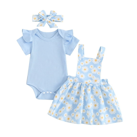 Jxzom Toddler Baby Girl Summer Outfits 3 6 12 18 24 Months Short Sleeve Romper + Daisy Suspender Skirt Dress + Headband Clothes Set