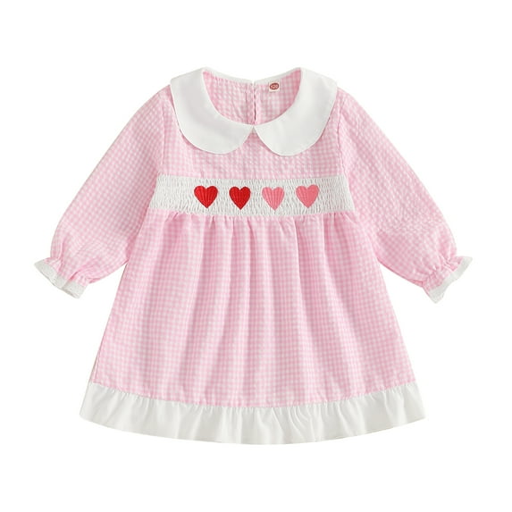 Jxzom Toddler Baby Girl Valentines Day Outfit Heart Embroidery Peter Pan Collar Long Sleeve Plaid Smocked Dress 3-7 Years Kids Girls Valentines Clothes