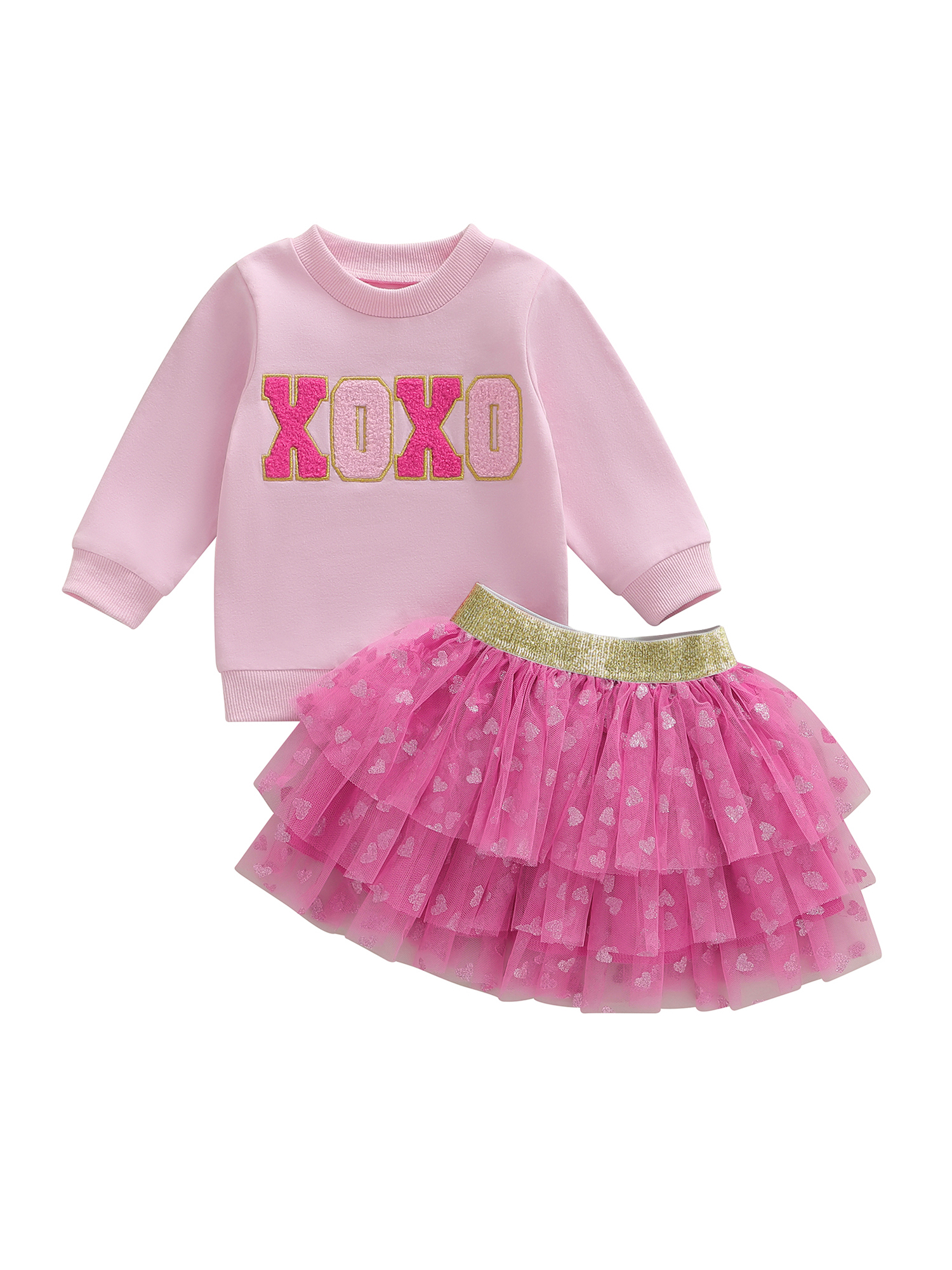 Jxzom Toddler Baby Girl Valentines Outfit XOXO Letter Embroidery Long Sleeve Sweatshirt Tops and Tulle Tutu Skirts Set 1-6 Years Cute Valentines Clothes
