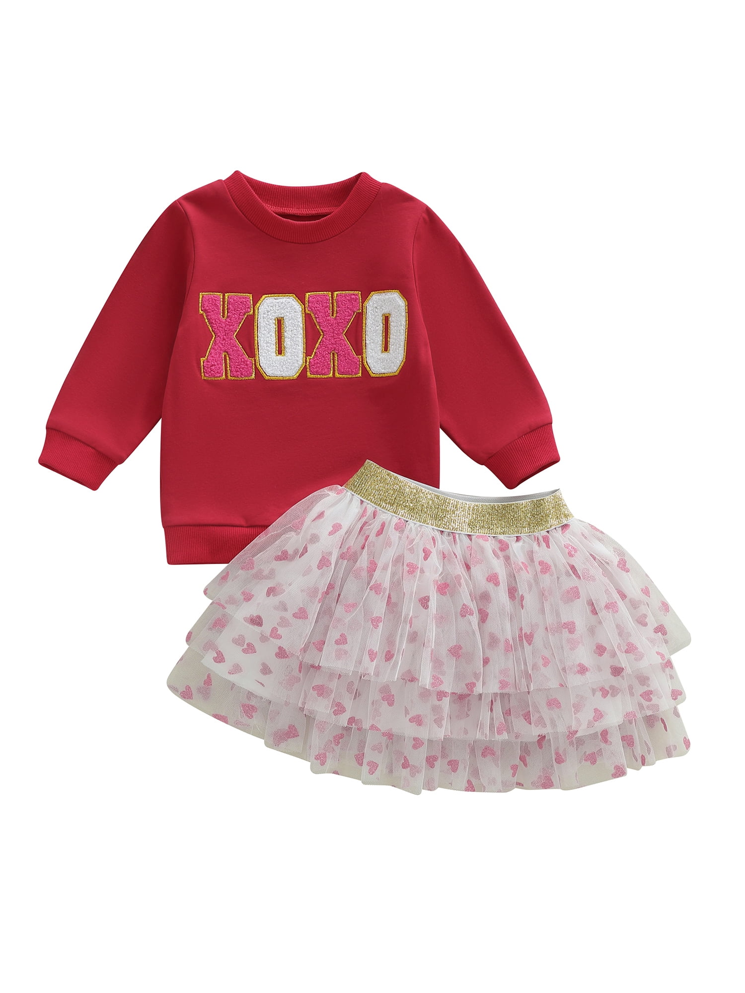 Jxzom Toddler Baby Girl Valentines Outfit XOXO Letter Embroidery Long Sleeve Sweatshirt Tops and Tulle Tutu Skirts Set 1-6 Years Cute Valentines Clothes