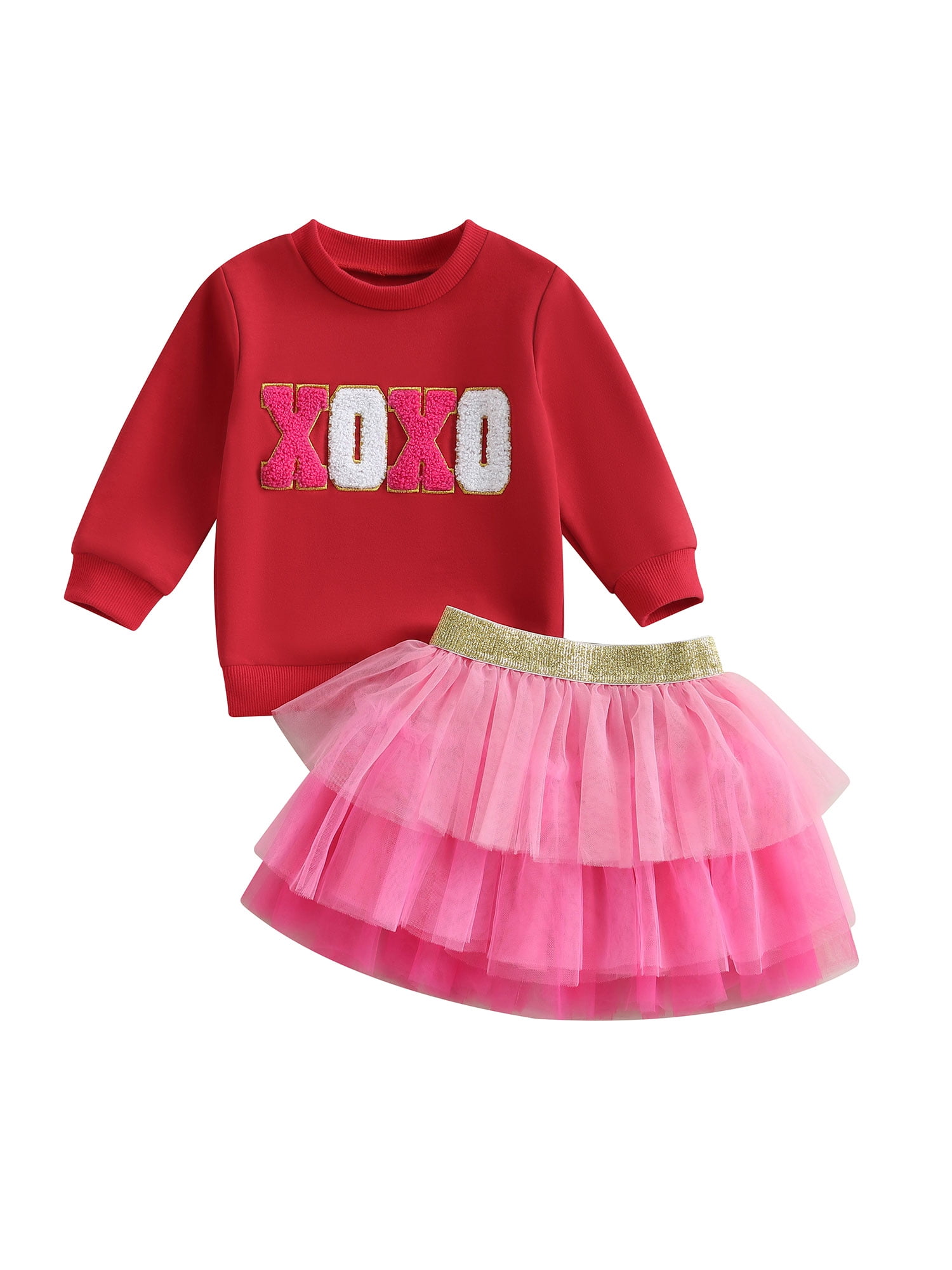 Jxzom Toddler Baby Girl Valentines Outfit XOXO Letter Embroidery Long Sleeve Sweatshirt Tops and Tulle Tutu Skirts Set 1-6 Years Cute Valentines Clothes