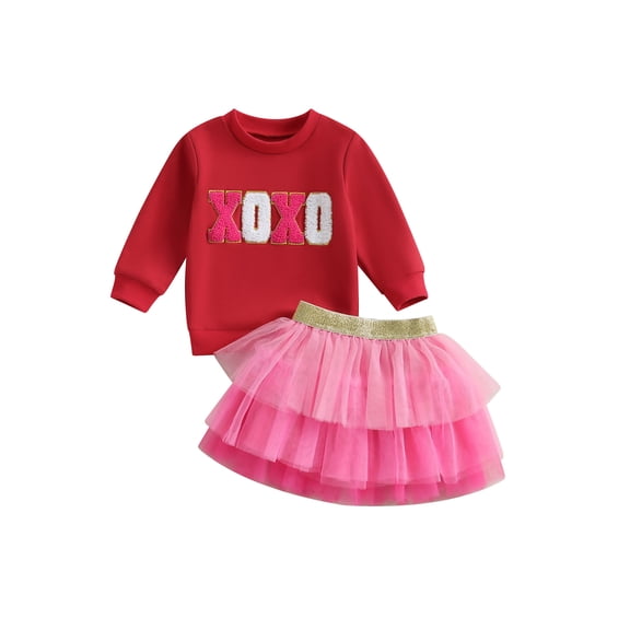 Jxzom Toddler Baby Girl Valentines Outfit XOXO Letter Embroidery Long Sleeve Sweatshirt Tops and Tulle Tutu Skirts Set 1-6 Years Cute Valentines Clothes