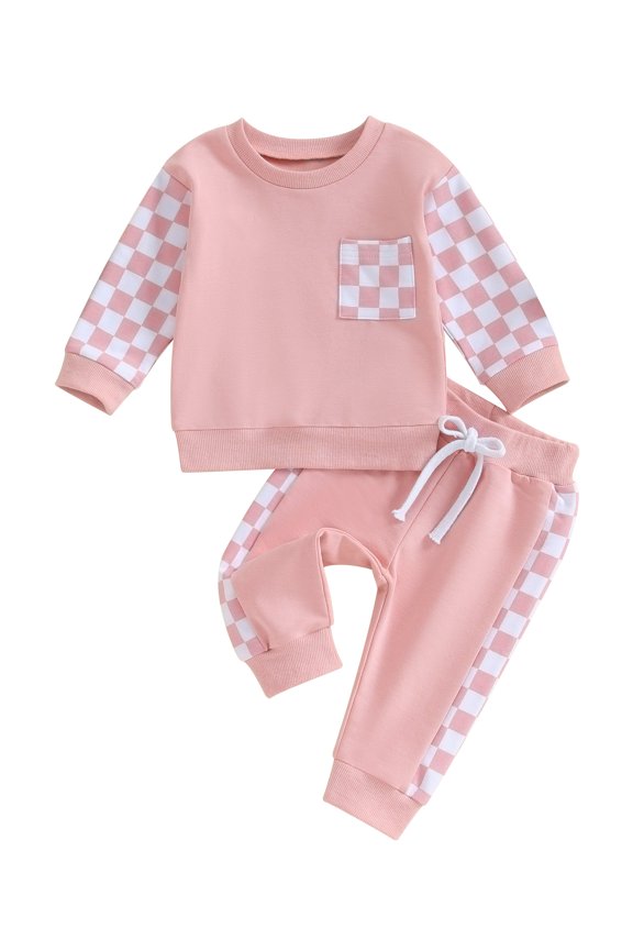Toddler Baby Girls Boys Spring Fall Outfits Checkerboard Print Long Sleeve Crewneck Sweatshirts Pants 2Pcs Clothes Set