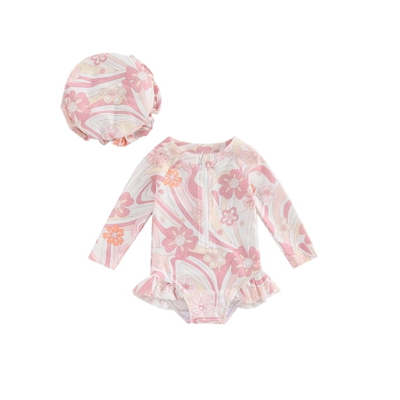 Jxzom Toddler Baby Girls One Piece Swimsuit Floral Zip Rash Guard Ruffled Swimwear 6M 9M 12M 18M 2T 3T Long Sleeve Bathing Suit
