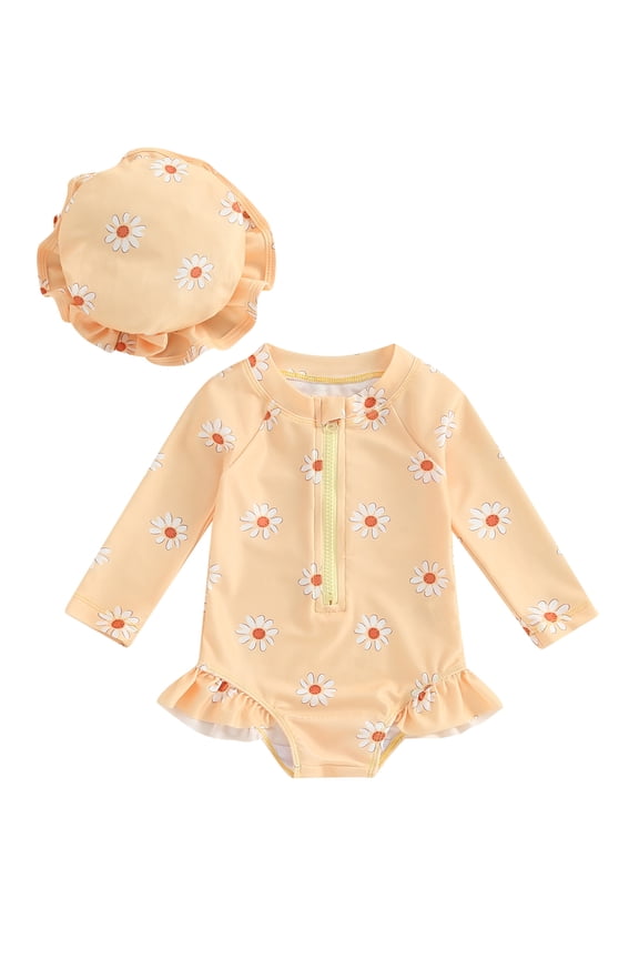Toddler Baby Girls One Piece Swimsuit Floral Zip Rash Guard Ruffled Swimwear 6M 9M 12M 18M 2T 3T Long Sleeve Bathing Suit