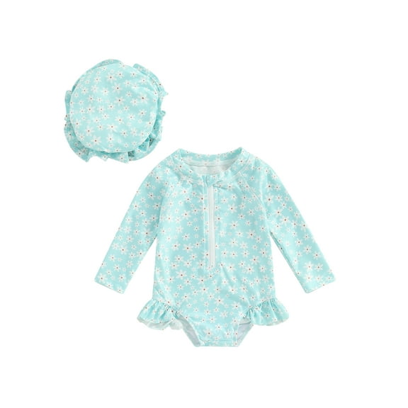 Jxzom Toddler Baby Girls One Piece Swimsuit Floral Zip Rash Guard Ruffled Swimwear 6M 9M 12M 18M 2T 3T Long Sleeve Bathing Suit