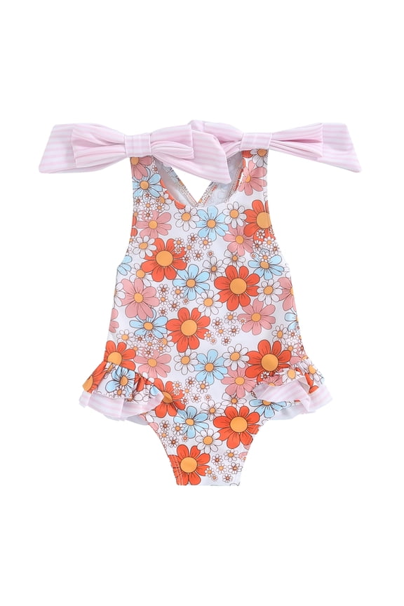 Toddler Baby Girls Strap One Piece Swimsuit 18M 2T 3T 4T 5T 6T Floral Sleeveless Bathing Suit Ruffles Bowknot Swimwear Summer Beach Wear