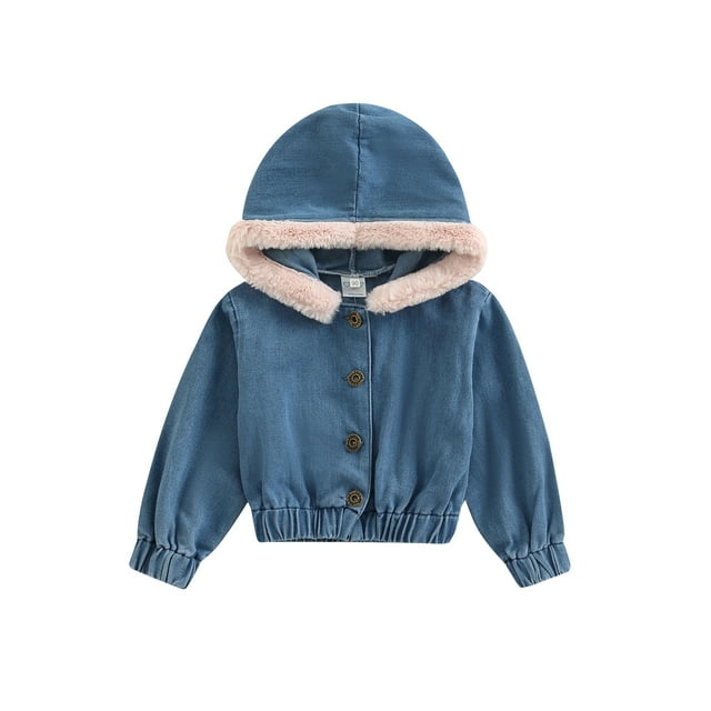 Jxzom Toddler Girls Hooded Denim Coat Long Sleeves Button Closure Thick Autumn Winter Jean Jacket