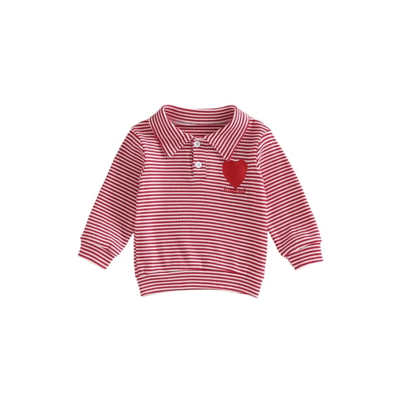 Jxzom Valentines Day Outfit Toddler Baby Boys Long Sleeve Turn-down Collar Striped Heart Embroidery Casual Pullover T shirt Top 1-5 YearsKids Valentines Clothes