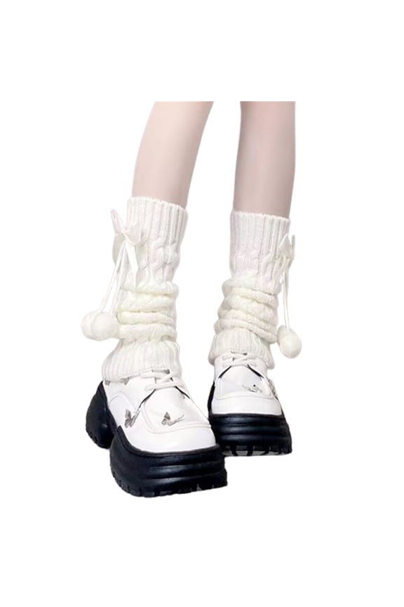 White Leg Warmers with Bow and Fur Balls, Y2K Rib Knit Boot Socks, Harajuku Cutecore Leg Warmers for Women