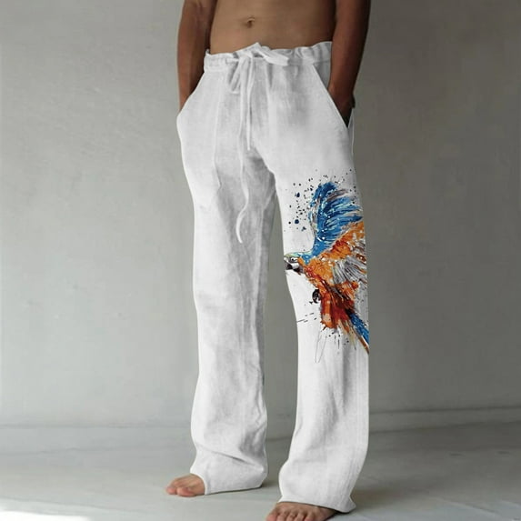 Jyeity 2023 Fall Savings Men's Summer Cotton And Wide Leg Printed Lace Up Sports Casual Pants Festival Pants White Size 4