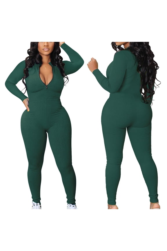 2023 Fall Specials Ribbed Jumpsuits Ribbed Workout Rompers Long Sleeve Exercise Zipper Jumpsuit Pantsuit For Women Green Size M(US:6)