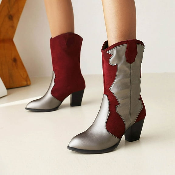 Jyeity 80s Fashion And New Pointed Thick High-heel Color Stitching Mid-boots Waders For Women With Boots Waterproof Red Size 35(US:4.5)