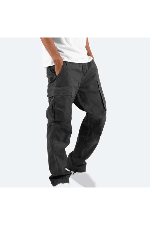 Big Saving Little Time Men Solid Casual Multiple Pockets Outdoor Straight Type Fitness Cargo Trousers Pants Parachute Pants For Men Black Size 6