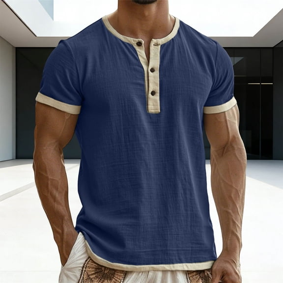Jyeity Button Mens Casual Solid Color Linen Short Sleeve Crewneck Shirts Tops Sporty T Shirts