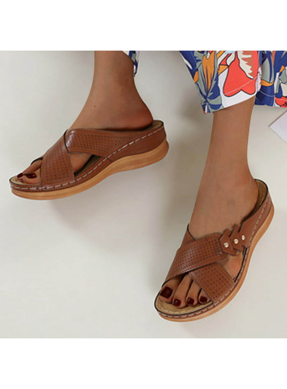 Jyeity Dearfoam Fireside Slippers For Women Anti-Slip Clearance Women Slippers 8 Flat Toe Solided Fashion Slippers Brown Summer