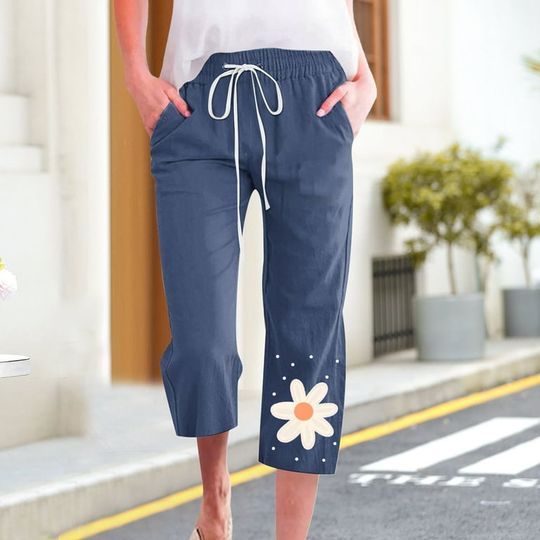 Jyeity Early 2000s Women'S Fashion, Capris Pants For Cotton Linen 3/4 Pants  Wide Leg Womens Hiking Pants Navy Size 2XL(US:12) 