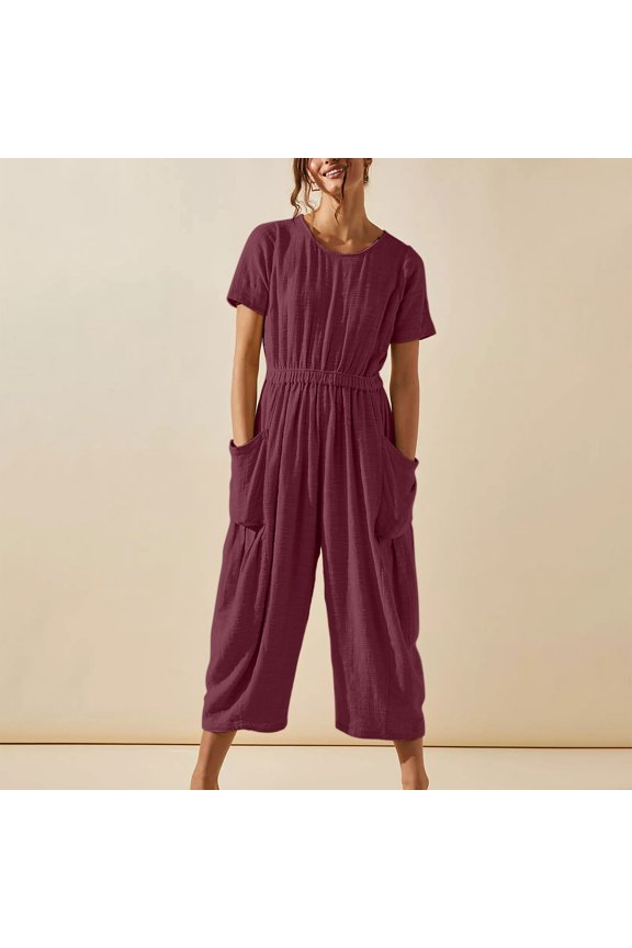 Fall Styles Without The Big Bucks, Loose Pocket Strap Cotton And Linen Jumpsuit Short Sleeve Sling Jumpsuitit Drawstring Pants Women Wine Size M(US:6)